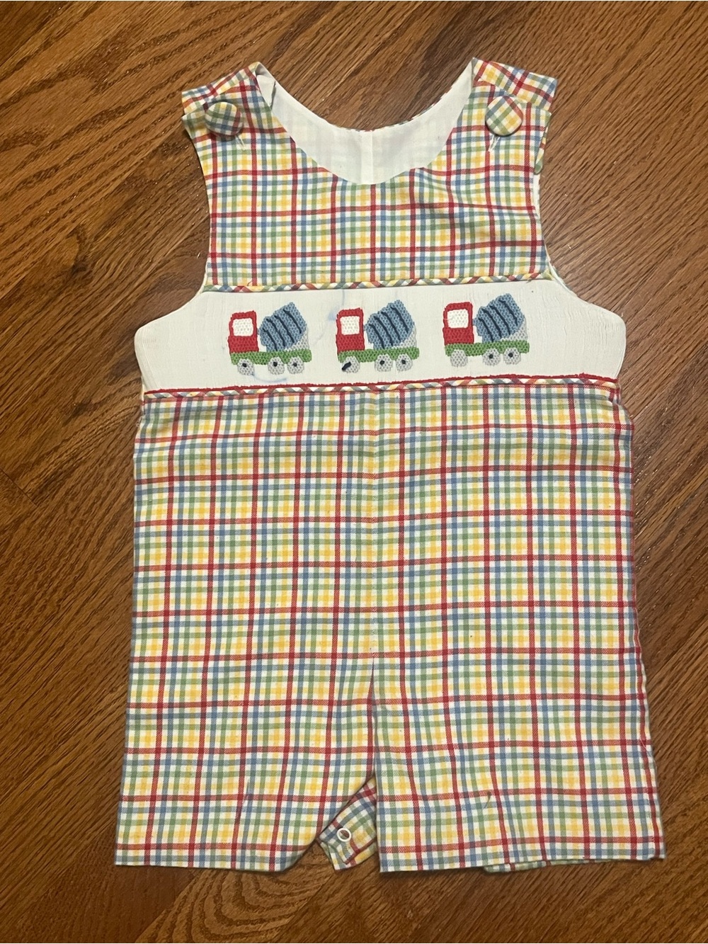Boys Plaid Smocked Shortall with Trucks - Multicolor